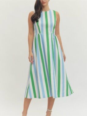 entro Sleeveless Striped Midi Dress in Blue, Green & White